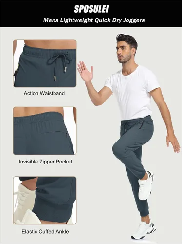 Vista 5 de SPOSULEI Mens Lightweight Athletic Joggers Hiking Sweatpants Quick Dry Running Workout Tapered Pants with Zipper Pockets