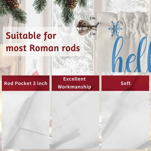 Vista 7 de Cenefa de Navidad para ventanas, cenefas de gnomo, cenefas de invierno con bolsillo para barra, tratamientos de ventana, diseño de copo de nieve