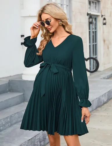 Vista 3 de KOJOOIN Vestido plisado de manga larga abombada para mujer, cuello en V, volantes, casual, con cinturón, vestido midi para baby shower, sesión