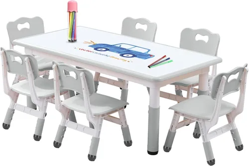 Vista 9 de Juego de mesa y silla para niños, altura ajustable, juego de mesa y silla para niños pequeños y 6 sillas con escritorio a prueba de grafiti, patas