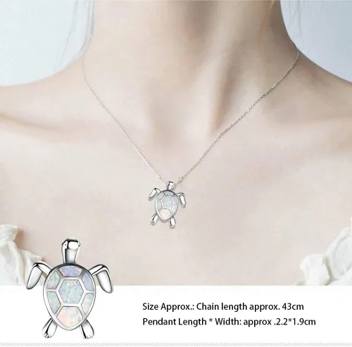 Vista 3 de Hithop Bonito collar con colgante de tortuga, animales encantadores, collar de plata chapado en ópalo de fuego blanco, regalos de joyería