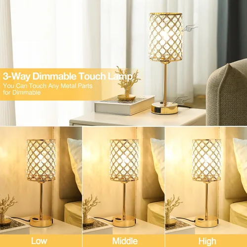 Vista 2 de Lámpara de mesa de cristal con control táctil, lámpara de mesita de noche regulable con puertos de carga USB-C+A y CA, lámpara USB dorada de 3 vías