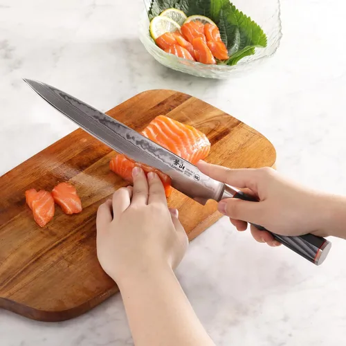 Vista 6 de Cangshan YARI Series 501295 - Cuchillo Sashimi de 10 pulgadas con funda, acero de Damasco X-7