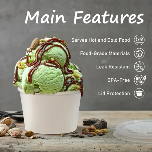 Vista 3 de ESSENTIAL Tazas de helado de papel con tapas, 50 piezas de 8 onzas, cuencos desechables de postre con tapas para alimentos calientes o fríos