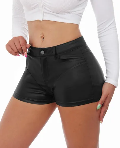 Vista 2 de RAMISU Pantalones cortos de mezclilla ajustados y elásticos para mujer, con aspecto de cuero, con bolsillos