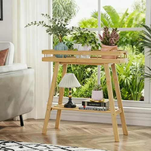 Vista 6 de BAMBANG Soporte de bambú para plantas de interior, mesa pequeña de 2 niveles, soporte alto para plantas de interior, estante para plantas
