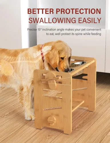 Vista 4 de Cuencos elevados para perros, soporte elevado ajustable para mascotas de tamaño mediano, alimentador de alimentos de bambú resistente con 2 platos