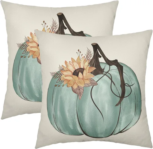 Vista 8 de Juego de 2 fundas de almohada de otoño de 16 x 16 pulgadas, color azul aguamarina, calabaza, girasol, cosecha, Acción de Gracias, para exteriores