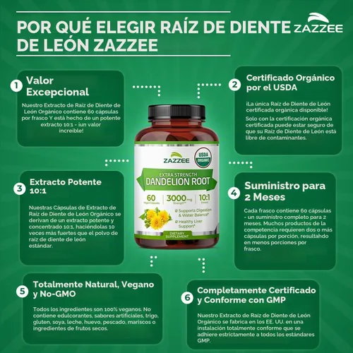 Vista 7 de Zazzee USDA - Extracto orgánico de raíz de diente de león 10:1, 60 cápsulas 2 Month Supply, Liver & Detox Support, Taraxacum Officinale, Organic