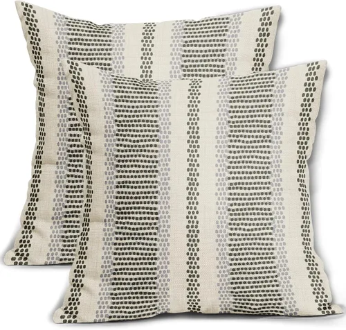 Vista 20 de Juego de 2 fundas de almohada negras y azules con rayas de puntos grises, decorativas para exteriores, estilo boho rústico, para sofá, cama, cojín
