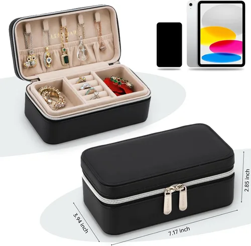 Vista 3 de Joyero de viaje, organizador de joyas pequeño de piel sintética para mujeres y niñas, mini estuche de viaje portátil de doble capa, cajas