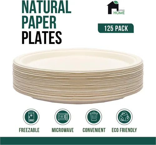 Vista 2 de EconoHome Platos de papel compostables de 10 pulgadas (paquete de 125) – Platos desechables ecológicos hechos de bagazo o fibra de caña de azúcar