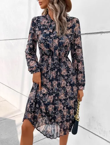 Vista 6 de HAOKEKE Vestidos de trabajo para mujer 2023 de manga larga de gasa negro vestido retro plisado botones abajo corbata lazo suelto vestidos casuales