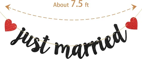 Vista 2 de Cartel de Just Married – Cartel de boda – Decoración de despedida de soltera de boda (negro y rojo)