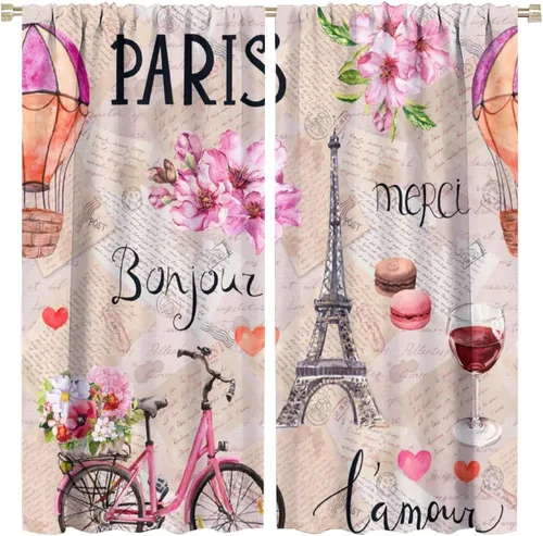 Vista 13 de Cortinas de la Torre Eiffel de París, pintura al óleo, flores moradas, torres de ciudad, con bolsillo para barra, cortinas de ventana