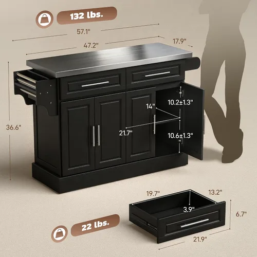 Vista 6 de HomCom Isla para cocina. Gabinete moderno con ruedas, con parte superior de acero inoxidable., Negro Mesa de isla portátil para cocina, ruedas