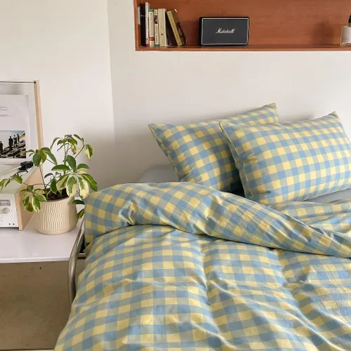 Vista 22 de MKXI Juego de funda de edredón a cuadros de tamaño individual, color verde bosque y amarillo mostaza, ropa de cama de 3 piezas de algodón lavado