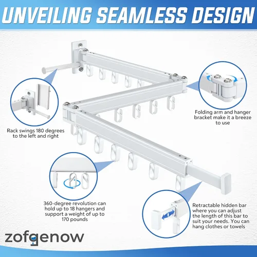 Vista 4 de ZOFGENOW Tendedero de Ropa de Pared Plegable, Retráctil y Colapsible (Tri-Pliegue) de Aluminio que Ahorra Espacio para Uso Interior y Exterior