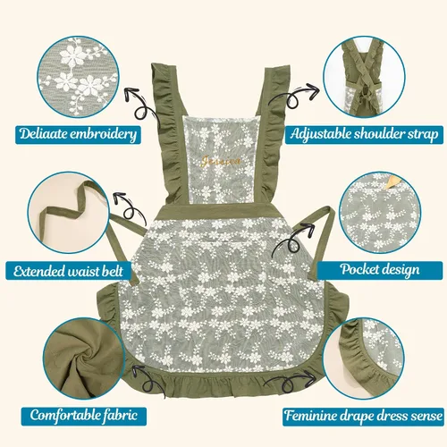 Vista 3 de Delantal vintage para mujer con bolsillos, delantal personalizado con volantes para cocinar, hornear, limpiar, jardinería
