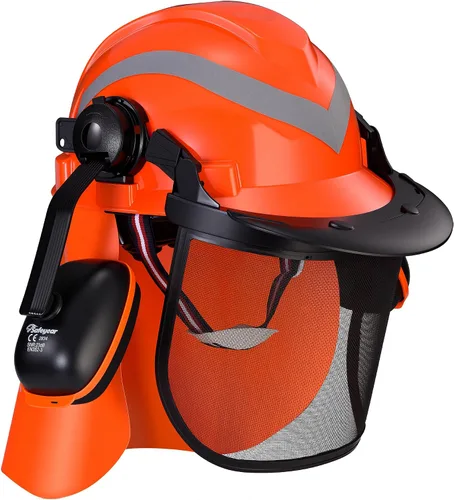 Vista 11 de Safeyear Casco de motosierra con protector facial y orejeras, casco forestal certificado ANSI con correa para la barbilla, visera de malla