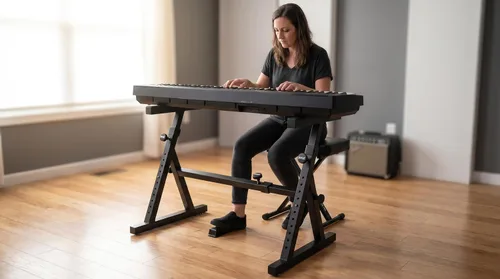Vista 6 de Pyle - Soporte plegable resistente para teclado, diseño en Z reforzado con ancho y altura ajustables, brazos acolchados con espuma, soporte