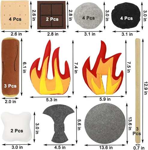 Vista 3 de 23 piezas de juguetes de fogata de simulación, juego de fogata de felpa y fieltro para niños, juguetes seguros de fuego falso, madera y piedras