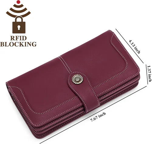 Vista 4 de FALAN MULE Cartera de cuero para mujer, de gran capacidad, bifold, con bloqueo RFID, tarjetero con bolsillo para monedas con cremallera