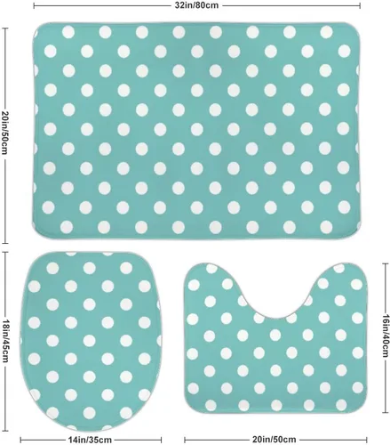 Vista 2 de Juego de 3 alfombras de baño con diseño de lunares, color azul aguamarina, antideslizante, con contorno en forma de U y tapa de inodoro