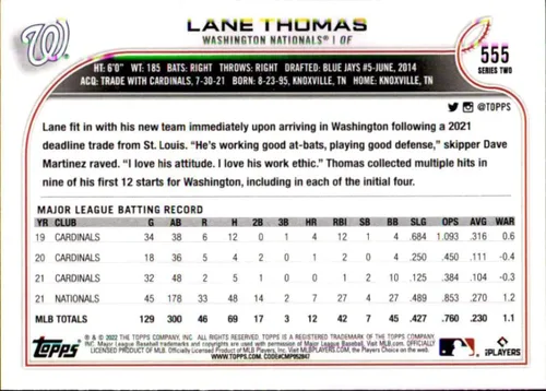 Vista 2 de Lane Thomas 2022 Topps #555 NM+-MT+ MLB Baseball Nationals