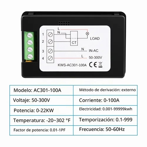 Vista 5 de Voltímetro de CA Amperímetro 50-300V 0-100A Multímetro digital 110V 220V Pantalla LCD HD Voltímetro de corriente con transformador de corriente