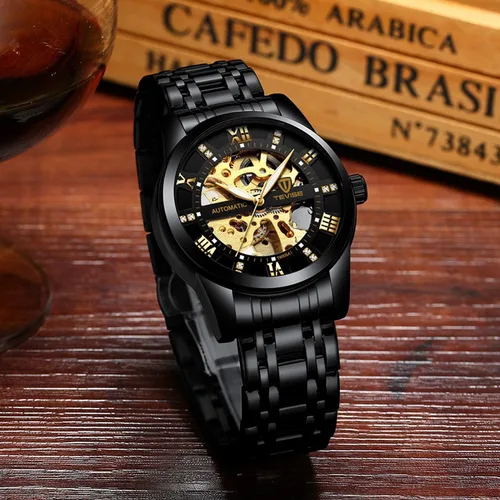 Vista 5 de Dentily Reloj mecánico de acero inoxidable para hombre, esqueleto automático, impermeable, relojes de negocios para hombres