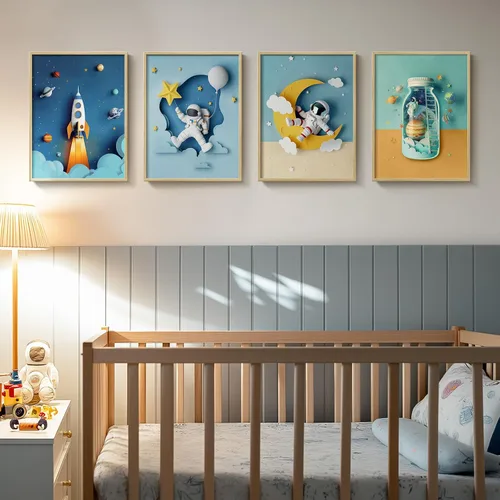 Vista 10 de Arte de pared enmarcado con temática espacial para habitación de niños