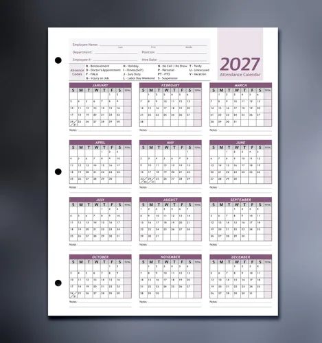 Vista 3 de Attendance Calendar Employee Card Attendance Record Tracker 2027, 50 Sheets