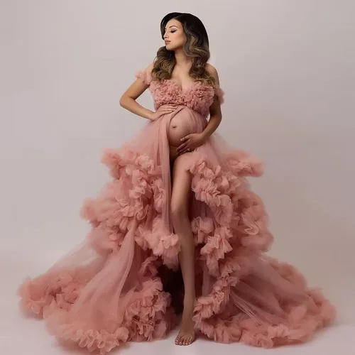 Vista 3 de Bata de tul para mujer, vestido de maternidad para sesión de fotos, volantes hinchados, lencería nupcial, bata de baño, bufanda de boda con ilusión