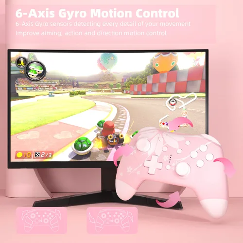 Vista 4 de Mytrix Updated Wireless Pro Controllers for Nintendo Switch, Windows PC iOS Android SteamSteam Deck, Sakura Pink Bluetooth Controller with