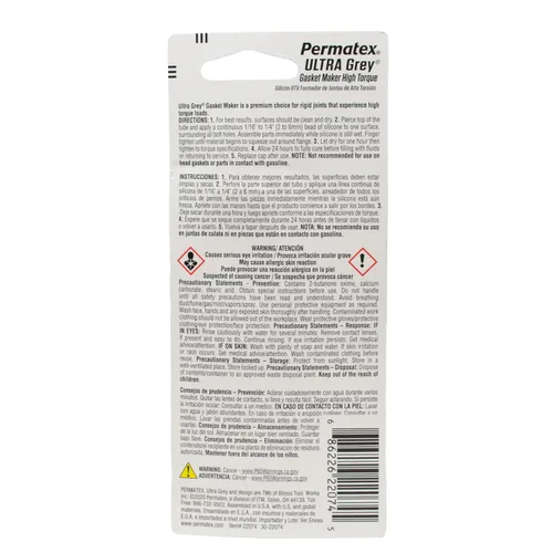Vista 2 de Permatex 22074 Ultra Grey Rigid High-Torque RTV Fabricante de Juntas de Silicona, Seguro para Sensores y No Corrosivo, Para Aplicaciones de Alto Par