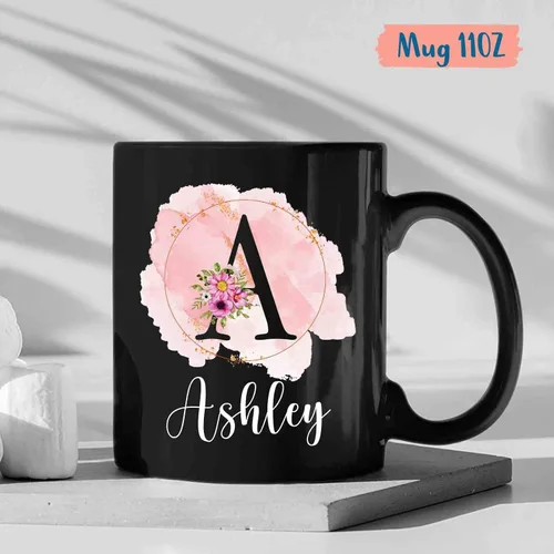Vista 4 de Taza personalizada con nombre inicial, taza con monograma personalizado, 11 y 15 onzas, cerámica negra