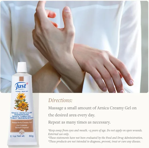 Vista 4 de Swiss Just Arnica Gel, Gel cremoso de árnica, 2.12 oz. Crema de árnica con garra de diablo y aceite de incienso. Una crema de masaje suave