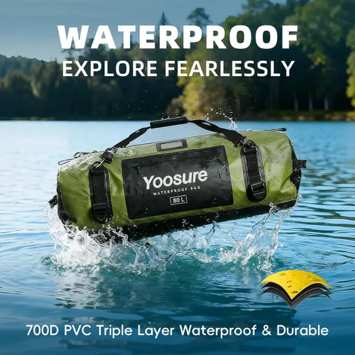 Vista 2 de Bolsa de lona impermeable de 80 Lt, mochila seca para motocicleta, bolsas impermeables con cremallera y almohadilla espaciadora para kayak, rafting