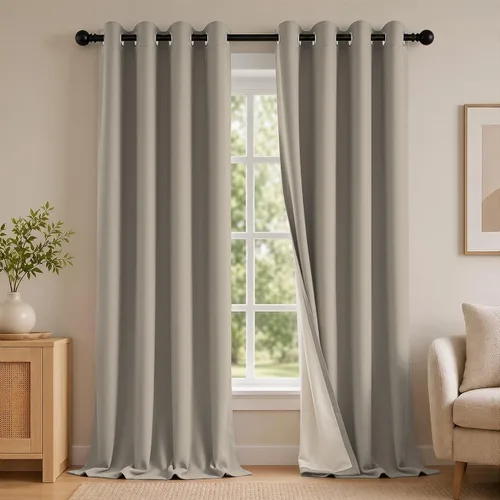 Vista 114 de 2 paneles de cortinas 100% opacas, de peso medio, con aislamiento térmico y ojales para dormitorio, sala de estar, tratamiento de ventana