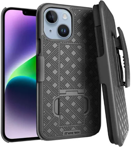 Vista 7 de Diseñada para iPhone 14 Plus - Funda con clip para cinturón y funda tipo pistolera - Funda protectora con soporte para teléfono - Negro (Puntos)