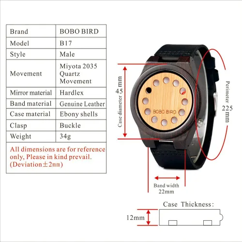 Vista 4 de BOBO BIRD Reloj de madera de bambú para hombre con correa de cuero de vaca negra, 12 agujeros, diseño temporizador, relojes deportivos casuales