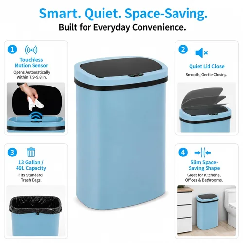 Vista 2 de Cubo de basura de cocina de 13 galones con tapa, cubo de basura automático sin contacto para cocina, cubo de basura de plástico PP con sensor
