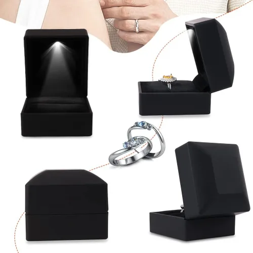Vista 5 de iSuperb Caja de anillo con luces LED, 2 unidades, para propuestas, compromisos, bodas, regalos (paquete de 2 unidades, negro)