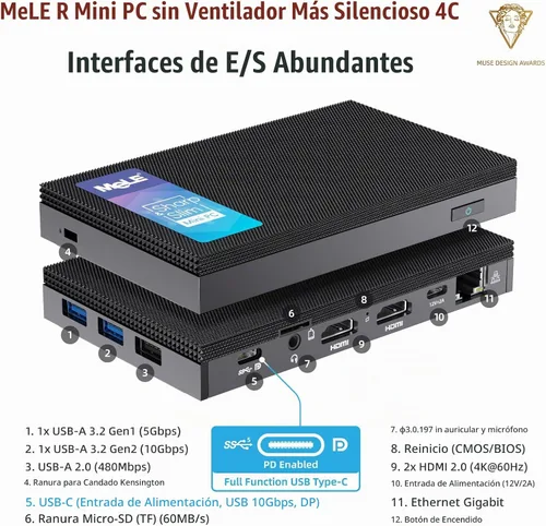 Vista 4 de MeLE Quieter 4C Mini PC sin ventilador, N150 16GB 512GB Fanless micro PC, full-functional USB-C, 4K triple display, dual-band WiFi, for Home