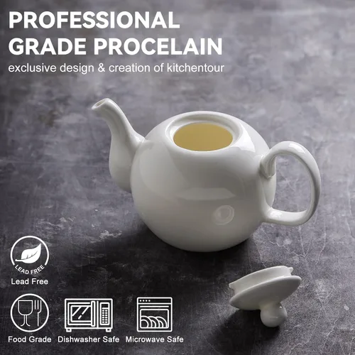 Vista 3 de KitchenTour - Ollas de té de porcelana inglesa -37 onzas para hojas sueltas y florecientes, olla de cerámica de porción fina con agujeros de colador