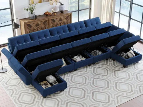 Vista 4 de Belffin Sofá cama modular modular con diván reversible en forma de U con asientos de almacenamiento de gran tamaño de 12 asientos, sofá modular azul
