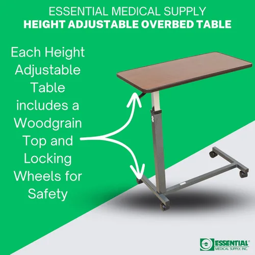 Vista 8 de Essential Medical Supply Mesa automática de altura ajustable para colocar sobre la cama, parte superior de madera con ruedas de bloqueo, perfecta