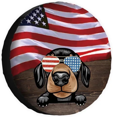 Vista 22 de Cubierta de neumático de repuesto para perro salchicha con gafas de sol con bandera de Estados Unidos, fundas protectoras de ruedas a prueba