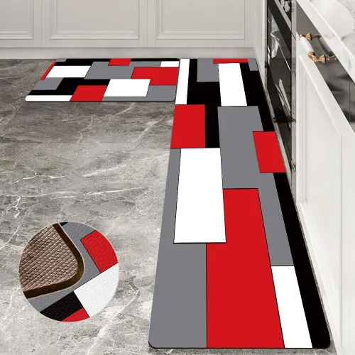 Vista 8 de AILUER Juego de 2 alfombras y tapetes de cocina azules y negros, arte geométrico abstracto, acolchados, arte abstracto y moderno, tapetes de cocina